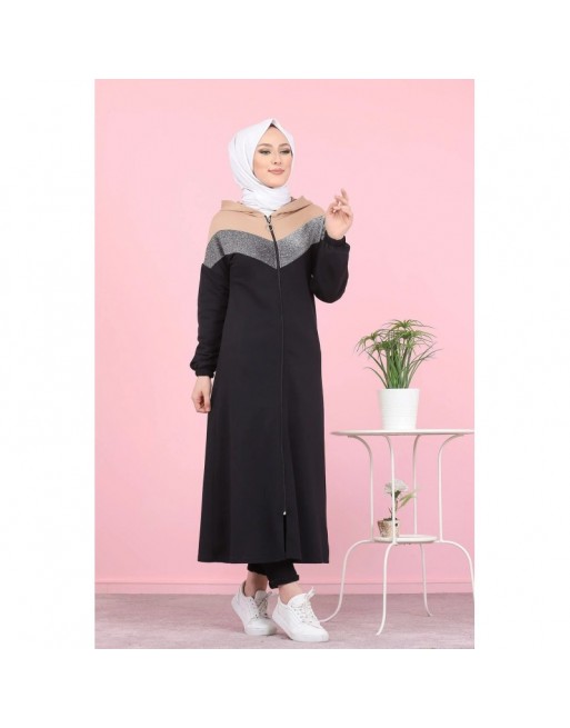 Robe zippée moderne à capuche avec haut argenté de type Sportswear idéal pour femme musulmane voilée - Couleur noir et... 
