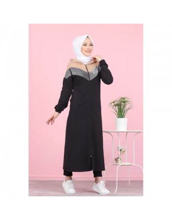 Robe zippée moderne à capuche avec haut argenté de type Sportswear idéal pour femme musulmane voilée - Couleur noir et... 