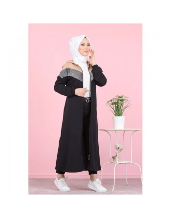 Robe zippée moderne à capuche avec haut argenté de type Sportswear idéal pour femme musulmane voilée - Couleur noir et... 