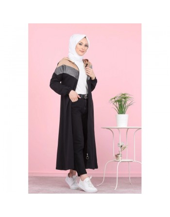 Robe zippée moderne à capuche avec haut argenté de type Sportswear idéal pour femme musulmane voilée - Couleur noir et... 