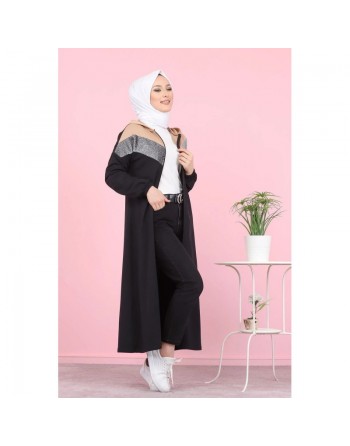 Robe zippée moderne à capuche avec haut argenté de type Sportswear idéal pour femme musulmane voilée - Couleur noir et... 
