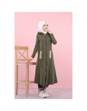 Cardigan long à capuche style décontracté et sportswear - Robe zippée pour femme voilée - Couleur Kaki 