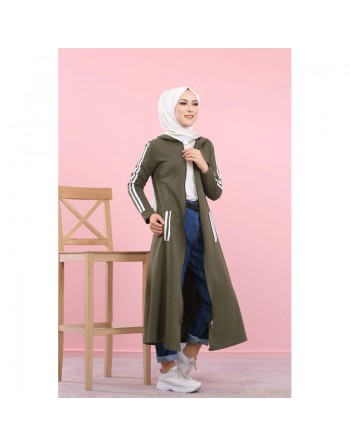Cardigan long à capuche style décontracté et sportswear - Robe zippée pour femme voilée - Couleur Kaki 