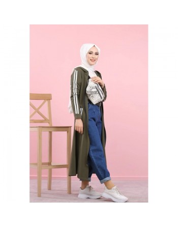 Cardigan long à capuche style décontracté et sportswear - Robe zippée pour femme voilée - Couleur Kaki 