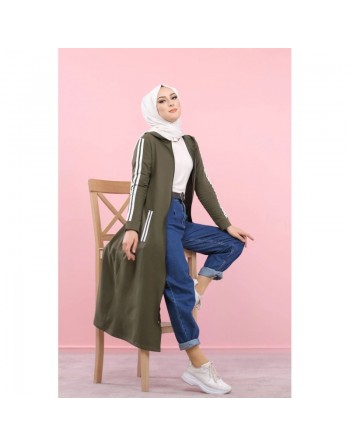 Cardigan long à capuche style décontracté et sportswear - Robe zippée pour femme voilée - Couleur Kaki 