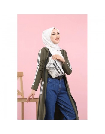 Cardigan long à capuche style décontracté et sportswear - Robe zippée pour femme voilée - Couleur Kaki 