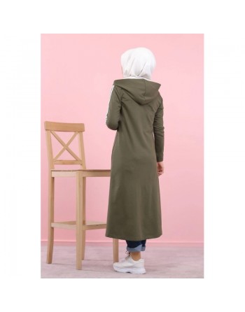 Cardigan long à capuche style décontracté et sportswear - Robe zippée pour femme voilée - Couleur Kaki 
