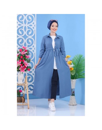 Robe longue chic avec boutons tout au long pour femme - Couleur Bleu ciel 