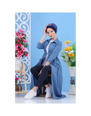 Robe longue chic avec boutons tout au long pour femme - Couleur Bleu ciel 