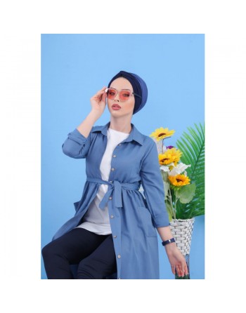 Robe longue chic avec boutons tout au long pour femme - Couleur Bleu ciel 