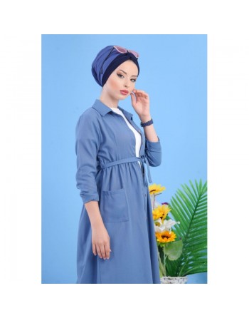 Robe longue chic avec boutons tout au long pour femme - Couleur Bleu ciel 