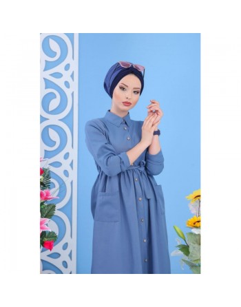 Robe longue chic avec boutons tout au long pour femme - Couleur Bleu ciel 