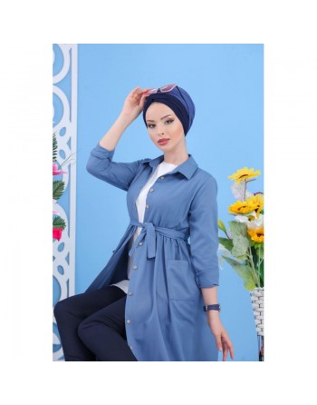 Robe longue chic avec boutons tout au long pour femme - Couleur Bleu ciel 