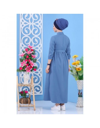 Robe longue chic avec boutons tout au long pour femme - Couleur Bleu ciel 