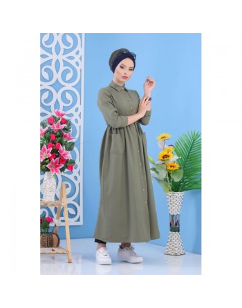 Robe longue avec boutons tout au long pour femme - Couleur Kaki 