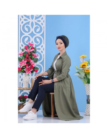 Robe longue avec boutons tout au long pour femme - Couleur Kaki 