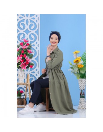 Robe longue avec boutons tout au long pour femme - Couleur Kaki 