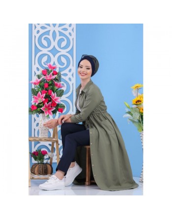Robe longue avec boutons tout au long pour femme - Couleur Kaki 