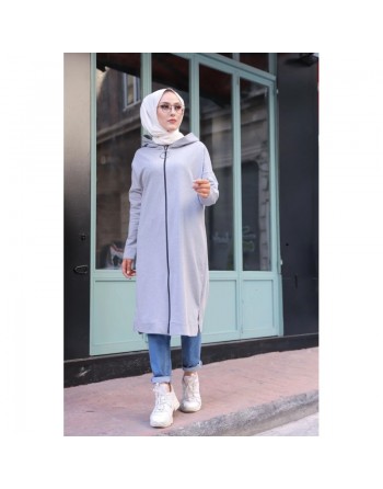 Cardigan Gilet long zippé style hijab sportswear col à capuche pour femme voilée - Couleur gris clair 