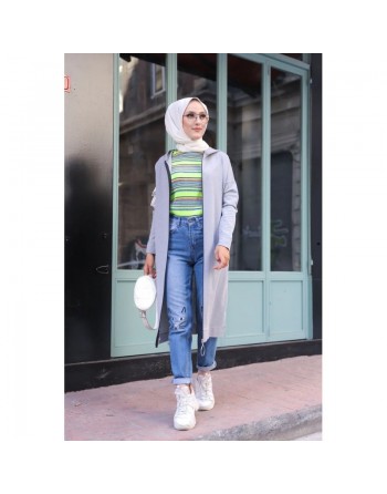 Cardigan Gilet long zippé style hijab sportswear col à capuche pour femme voilée - Couleur gris clair 