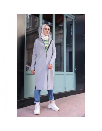 Cardigan Gilet long zippé style hijab sportswear col à capuche pour femme voilée - Couleur gris clair 