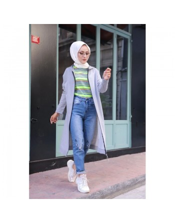 Cardigan Gilet long zippé style hijab sportswear col à capuche pour femme voilée - Couleur gris clair 