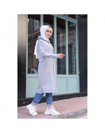 Cardigan Gilet long zippé style hijab sportswear col à capuche pour femme voilée - Couleur gris clair 