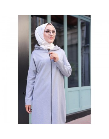 Cardigan Gilet long zippé style hijab sportswear col à capuche pour femme voilée - Couleur gris clair 