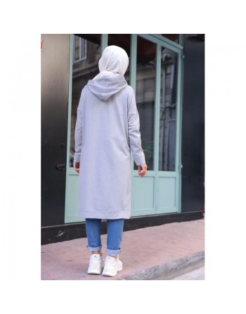 Cardigan Gilet long zippé style hijab sportswear col à capuche pour femme voilée - Couleur gris clair 