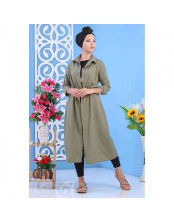 Tunique chemise longue boutonnée tout au long avec cordon pour femme - Couleur kaki 