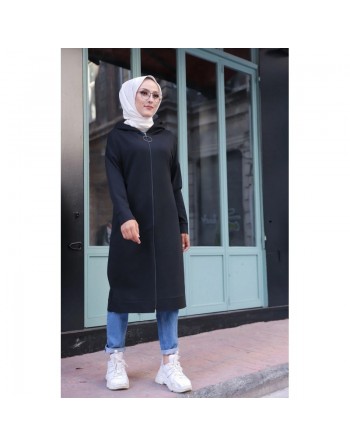 Cardigan Gilet long zippé style hijab sportswear col à capuche pour femme voilée - Couleur noir 