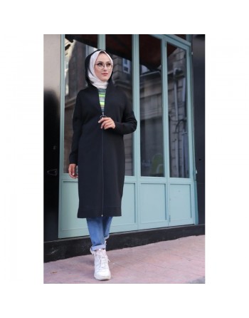 Cardigan Gilet long zippé style hijab sportswear col à capuche pour femme voilée - Couleur noir 