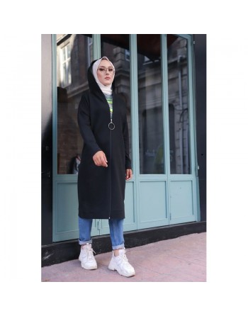 Cardigan Gilet long zippé style hijab sportswear col à capuche pour femme voilée - Couleur noir 