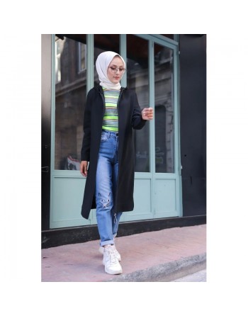Cardigan Gilet long zippé style hijab sportswear col à capuche pour femme voilée - Couleur noir 