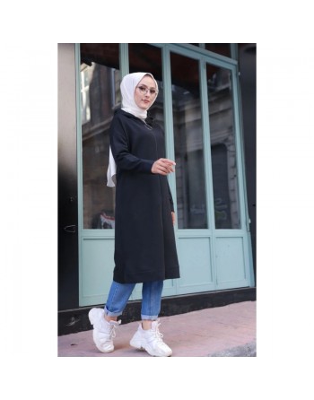 Cardigan Gilet long zippé style hijab sportswear col à capuche pour femme voilée - Couleur noir 