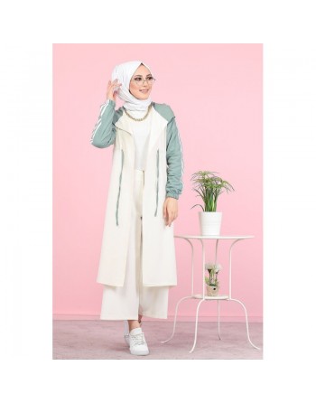 Gilet décontracté à capuche (Vetement moderne pour femme voilée) - Couleur blanc et menthe 