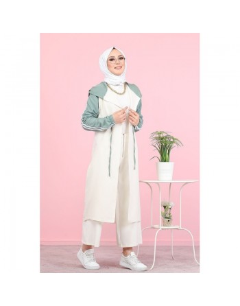 Gilet décontracté à capuche (Vetement moderne pour femme voilée) - Couleur blanc et menthe 