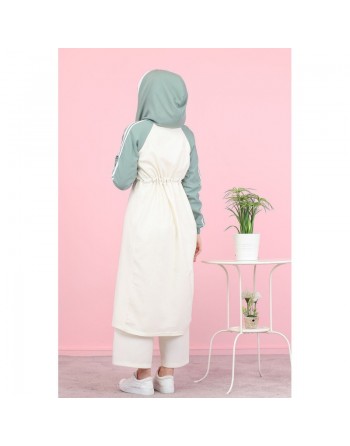 Gilet décontracté à capuche (Vetement moderne pour femme voilée) - Couleur blanc et menthe 