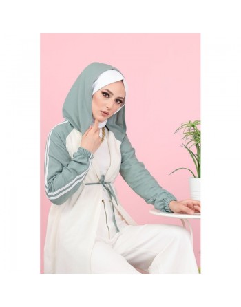Gilet décontracté à capuche (Vetement moderne pour femme voilée) - Couleur blanc et menthe 
