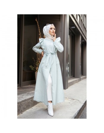 Robe longue type chemise boutonnée à fines rayures (Vêtements pour Hijab - Boutique Musulmane en ligne) - Couleur menthe 