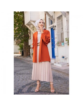 Gilet Veste long manches à froufrou (Boutique Vêtements femmes voilées) - Couleur Rouille 