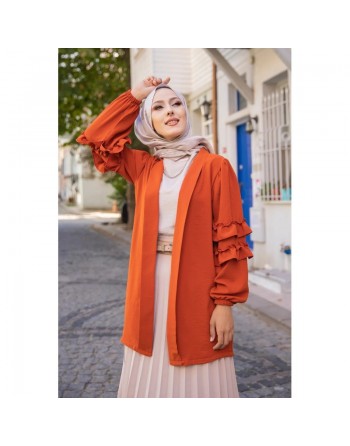 Gilet Veste long manches à froufrou (Boutique Vêtements femmes voilées) - Couleur Rouille 