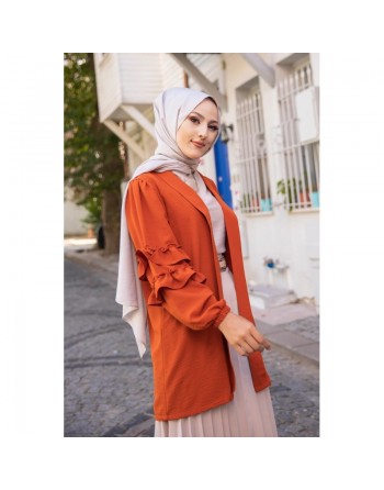 Gilet Veste long manches à froufrou (Boutique Vêtements femmes voilées) - Couleur Rouille 