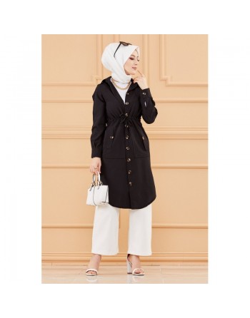Veste - Tunique longue avec lien de serrage à la taille (Vêtement femme voilée chic) - Couleur noir 