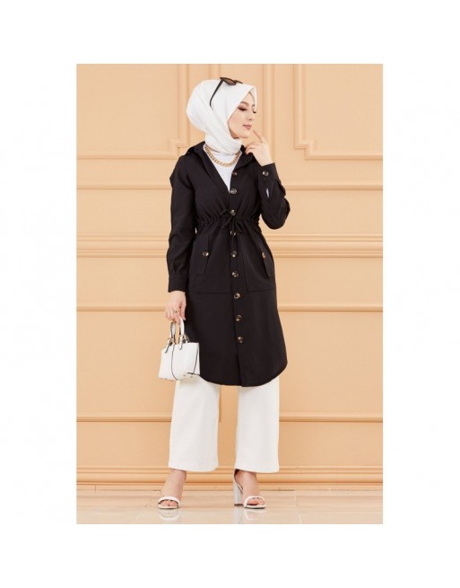 Veste - Tunique longue avec lien de serrage à la taille (Vêtement femme voilée chic) - Couleur noir Veste - Tunique longue avec lien de serrage à la taille (Vêtement femme voilée chic) - Couleur noir