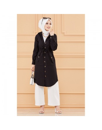 Veste - Tunique longue avec lien de serrage à la taille (Vêtement femme voilée chic) - Couleur noir 