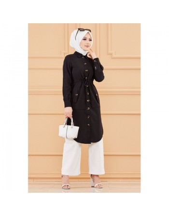 Veste - Tunique longue avec lien de serrage à la taille (Vêtement femme voilée chic) - Couleur noir 
