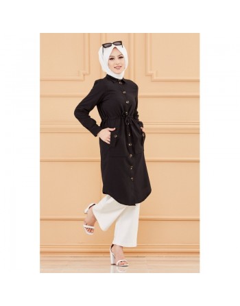 Veste - Tunique longue avec lien de serrage à la taille (Vêtement femme voilée chic) - Couleur noir 