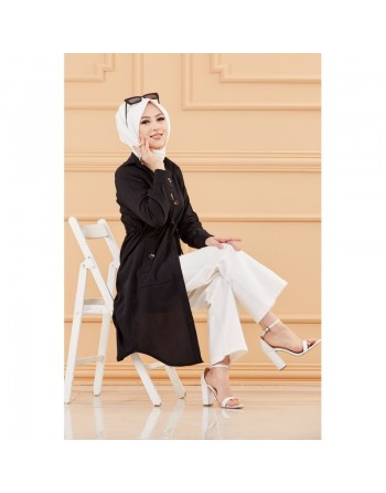 Veste - Tunique longue avec lien de serrage à la taille (Vêtement femme voilée chic) - Couleur noir 