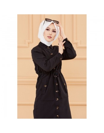 Veste - Tunique longue avec lien de serrage à la taille (Vêtement femme voilée chic) - Couleur noir 
